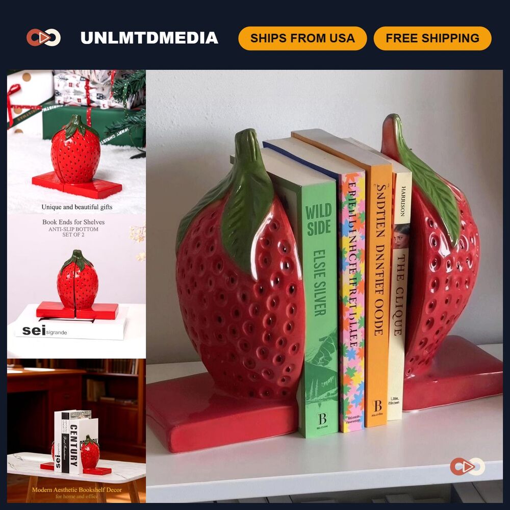 Cute Strawberry Decorative Bookends - Aesthetic Resin Shelf Book Ends for Home D